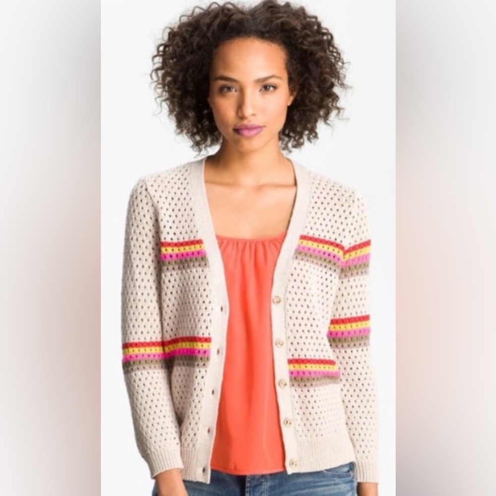 Juicy Couture Open Knit Cardigan Tan w/ Colorful Stripe Detail Size Small